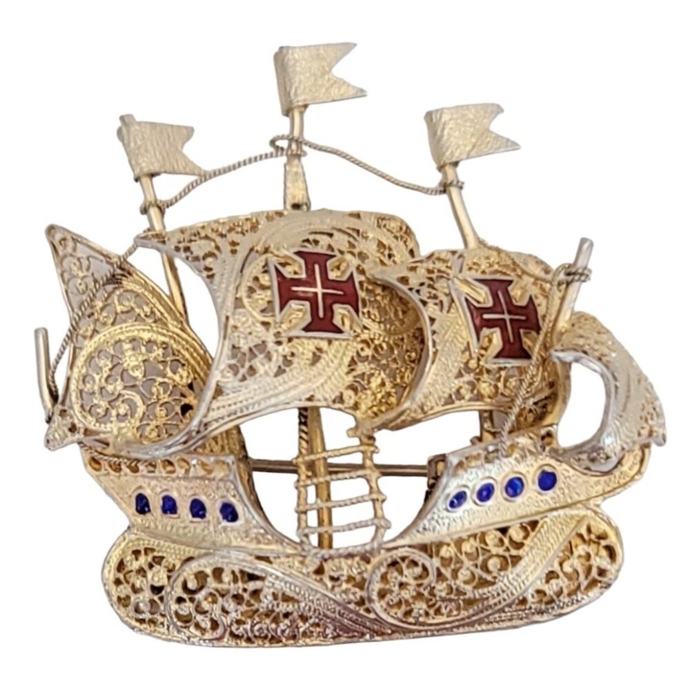 Topazio Silver, Enamel British Ship Pin Brooch, Signed M787